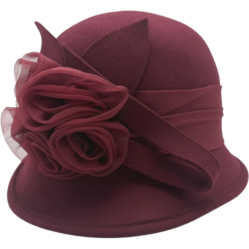 Burgundy Wool Cloche Hat Rosette Flower Ribbon Dressy Church Derby Hat